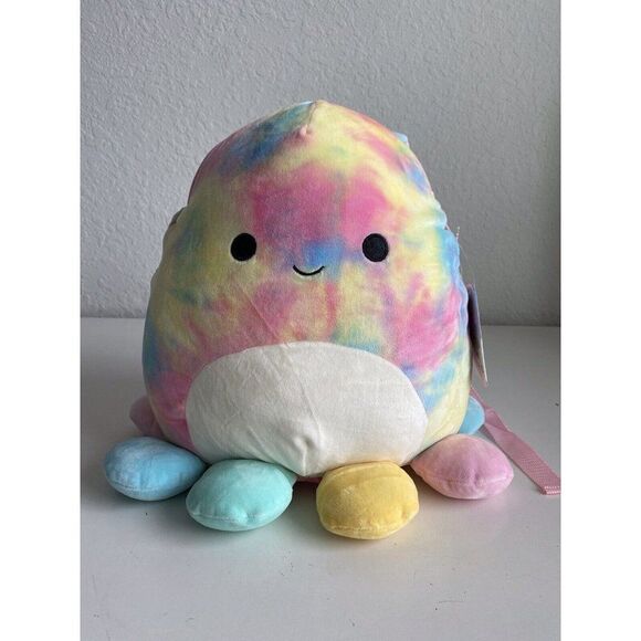 Squishmallow 12" Opal the Octopus BACKPACK Tie Dye Rainbow Plush Kellytoy NEW - Picture 1 of 8